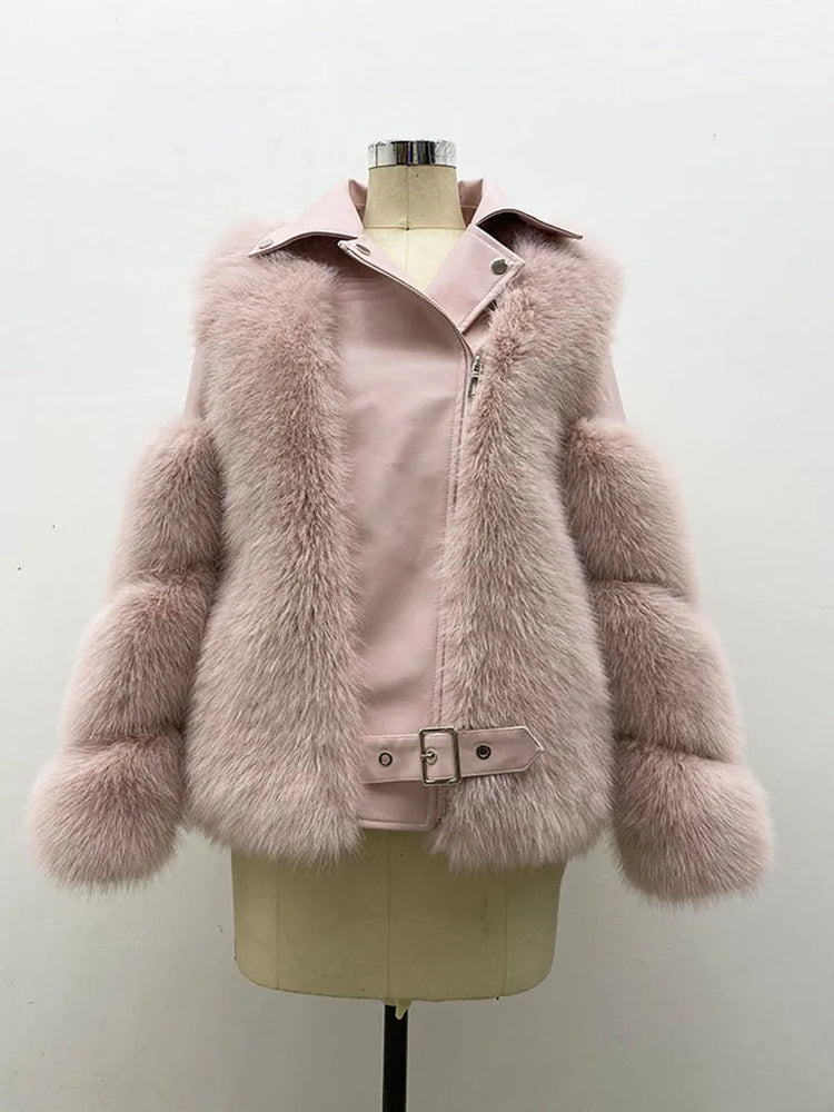 ZADORIN Top Fashion Luxury FAUX Fox Fur Coat Motorcycle PU Leather Turn Down Collar Warm Faux Fur Jacket Women Autumn Winter New
