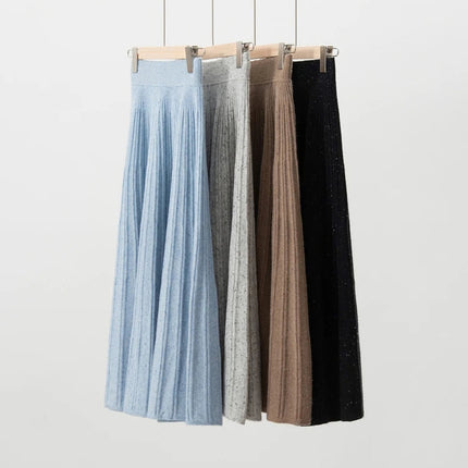 Chic Women's Cashmere Pleated A-line Skirt Autumn Winter 100% Cashmere Knitted Colorful Dots Decoration Elastic Waist Soft Dress PlatiNum