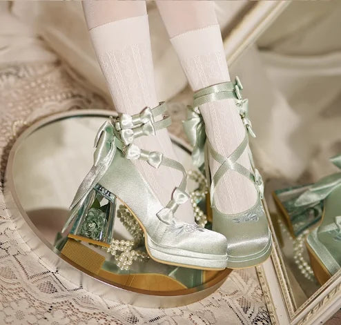 Silk Belt Buckle Round Toe Butterfly-Knot Women Pumps Shoes Chunky Rose Flower High Heels Buckle Strap Design Merry Jane Shoes