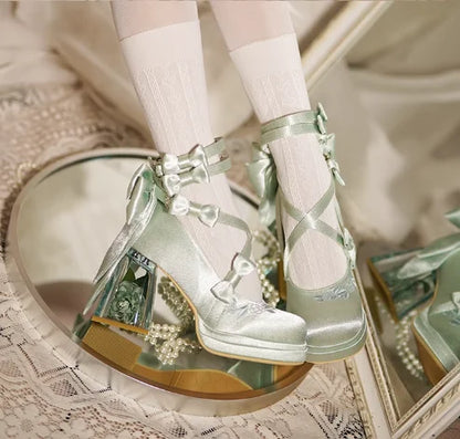 Silk Belt Buckle Round Toe Butterfly-Knot Women Pumps Shoes Chunky Rose Flower High Heels Buckle Strap Design Merry Jane Shoes