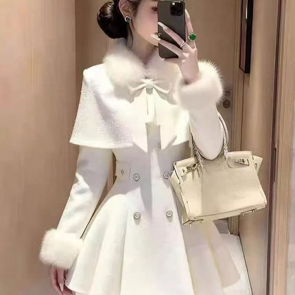French Elegant Vintage Woolen 2 Piece Set Women Faux Fur Collar Cape + Fit Chic Dress New Winter A-Line Retro Party Outfits 2025
