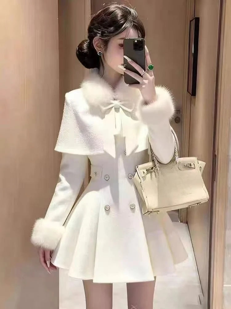French Elegant Vintage Woolen 2 Piece Set Women Faux Fur Collar Cape + Fit Chic Dress New Winter A-Line Retro Party Outfits 2025