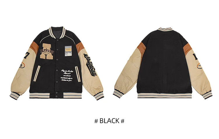 Men's Casual Varsity Jacket Motorcycle Bomber Coat Vintage Letterman Baseball Streetwear Outerwear with Faux Leather Sleeves
