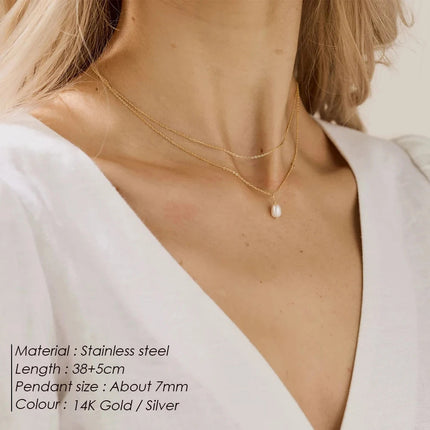 eManco Minimalist Freshwater Pearl Necklace Women Girls 14K Gold Plated Stainless Steel Double Layer Necklace Wedding Jewelry PlatiNum