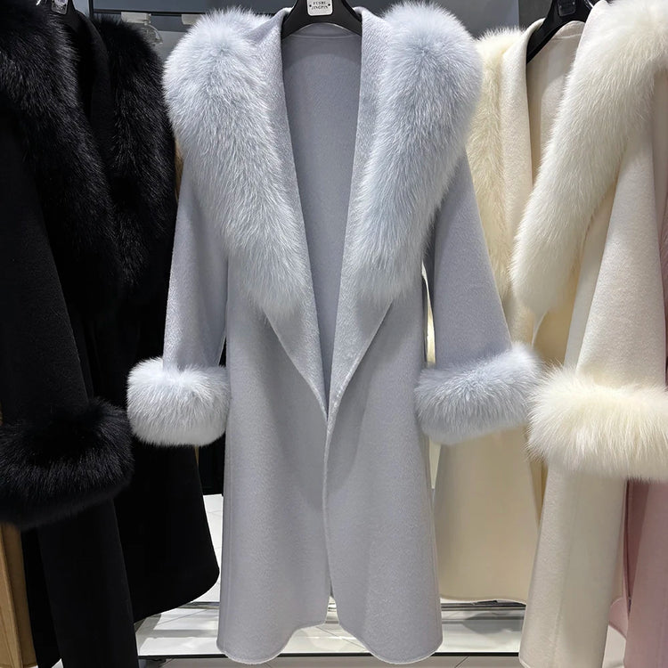 YOLOAgain Women's 100% Wool Coat Long With Detachable Real Fox Fur Collar 2025 Autumn Elegant Double-Sided Wool Coat