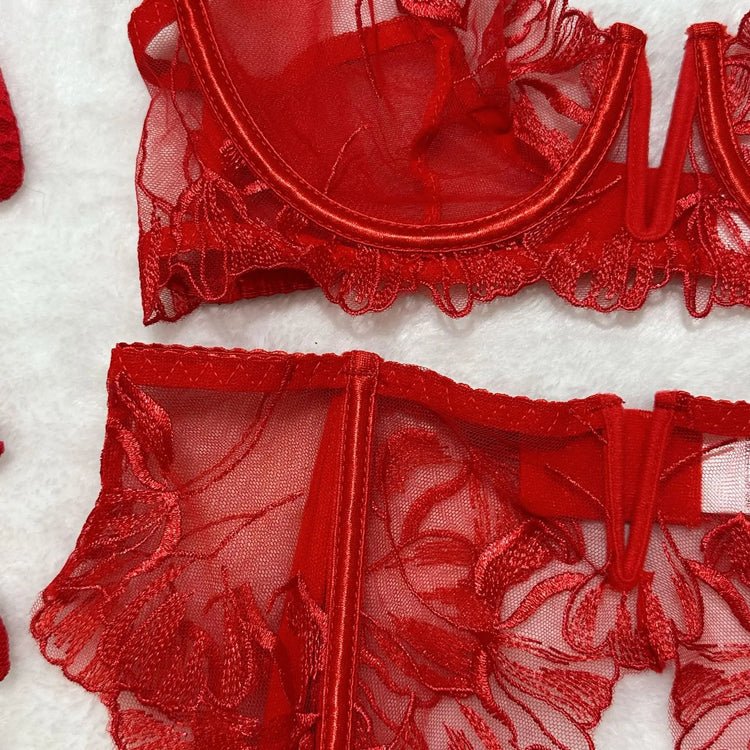 Red Lace Embroidery Bra Set 5-Piece Lingerie Comfortable Push Up Underwear