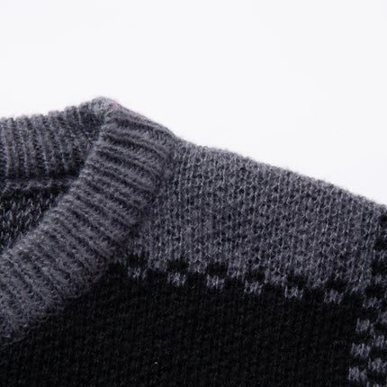 Retro Trendy Plaid Jacquard Pattern Pullover Sweater Casual Round Neck Color-Block Knit Men's Pullover