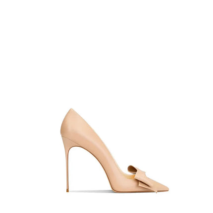 Eleganti scarpe con tacco a spillo a punta con fiocco beige da donna in vera pelle 2025 autunno