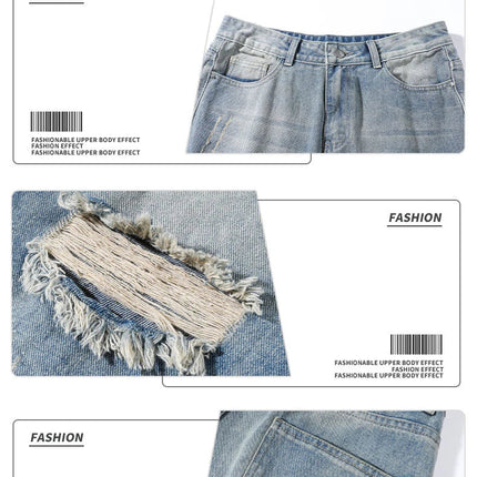 New vintage casual loose fit men's jeans with high street style straight leg denim pants for teenagers, torn knees and damaged PlatiNum