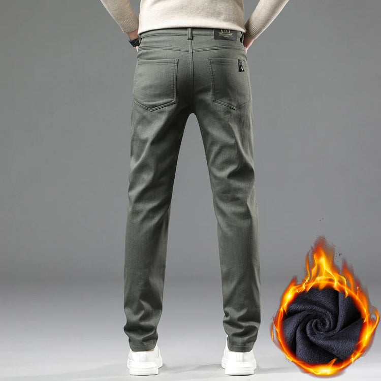 2024 New Winter Fleece Casual Pants Men's Straight Slim Thick Warm Male Business Fashion Casual Elastic Comfort Velvet Trousers