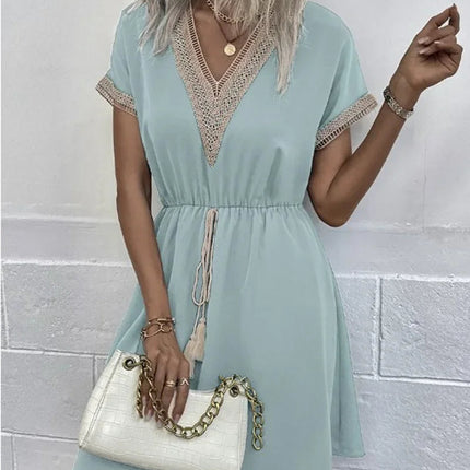 Abito corto longuette da spiaggia femminile con scollo a V in pizzo a maniche corte tinta unita estivo Abiti eleganti da donna in tinta unita bianco dolce platinumshop