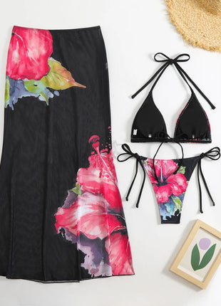 Costume da bagno 3 pezzi con stampa floreale grande con gonna lunga in rete Costume da bagno bikini micro perizoma da donna 2025 Costume da bagno estivo da spiaggia Biquini PlatiNum