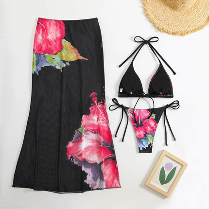 Costume da bagno 3 pezzi con stampa floreale grande con gonna lunga in rete Costume da bagno bikini micro perizoma da donna 2025 Costume da bagno estivo da spiaggia Biquini PlatiNum