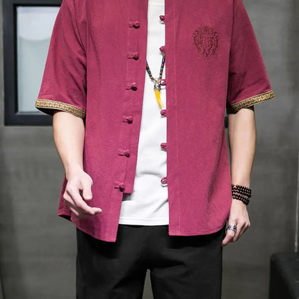 Camicie da Uomo Ricamate in Stile Cinese Retrò, Traspiranti in Lino, Comode, Casual Kung Fu, Abito Tang con Colletto Rialzato