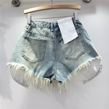 Pantaloncini di jeans con foro rosa delle nuove donne estive 2026 a vita alta che dimagriscono pantaloncini con bordo sfilacciato a trapezio per ragazza piccante - platinumshop
