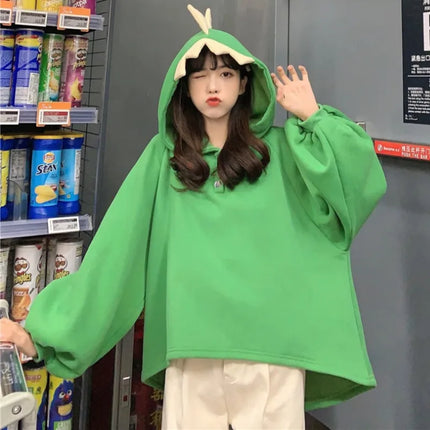 Autumn Women Cartoon Dinosaur Horn Cap Hoodies Harajuku Sweatshirts Cute Front Short Back Long Halloween Dragon Shape Pullovers
