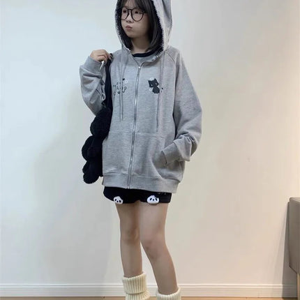 Ropa Mujer Japanese Cute Hoodies Coats Cute Cat Print Hooded Sweatshirts Y2K Tops Women Clothing Casual Zipper Loose Hoodie