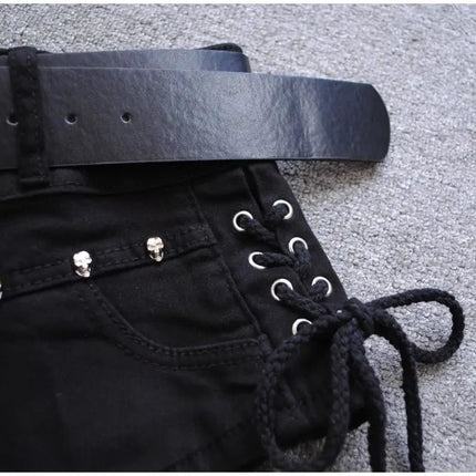 Korean Low Rise Denim Shorts 2024 - Riveted Lace Up Bodycon Black Hot Pants Vintage Cheeky Booty Summer TikTok Y2K Outfit PlatiNum