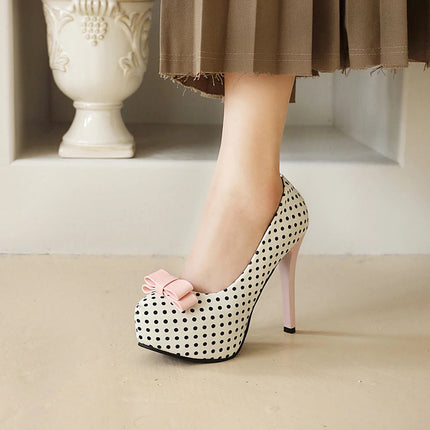 Sexy Super High Heels Women Platform Pumps Polka dot Bow Party Dress Shoes Woman Elegant Wedding Shoes Female 12cm Stilettos PlatiNum