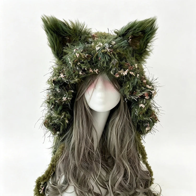 Custom Handmade Crochet Moss Green Fox Ear Hat Women Plush Floral Knitted Beanie Men Goblincore Cosplay Forest Winter Warm Hood