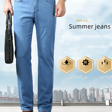 New Ice Silk Thin Denim Jeans for Men Blue Straight Stretch Cotton Denim Pant Business Casual Lightweight Trousers Spring Summer