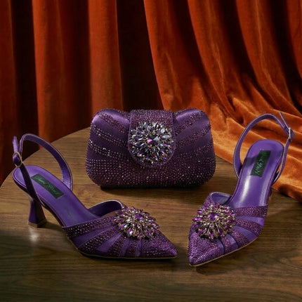 Zapatos y Bolso Nuevos de Diseño Italiano Azules con Diamantes de Imitación, Tacón Alto, Estilo de Moda, Zapatos de Tacón para Máxima Comodidad, Zapatos de Mujer