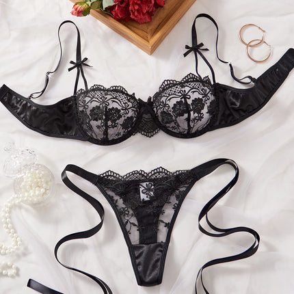 Lady Floral Embroidery Lingerie Set Women Sheer Bra and Brief Underwear Set Satin Sexy Intimates Underwear