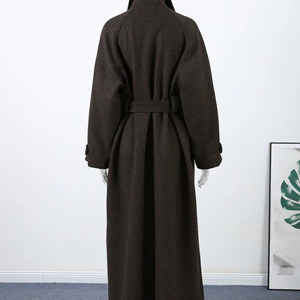 Women's Long Woolen Overcoats Stand Collar Single Breasted Lace Up Oversized Coat Autumn Winter Female Loose New Chic Outerwears
