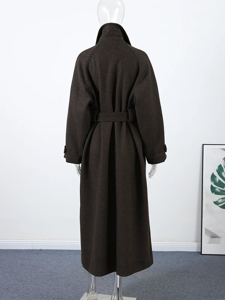 Women's Long Woolen Overcoats Stand Collar Single Breasted Lace Up Oversized Coat Autumn Winter Female Loose New Chic Outerwears