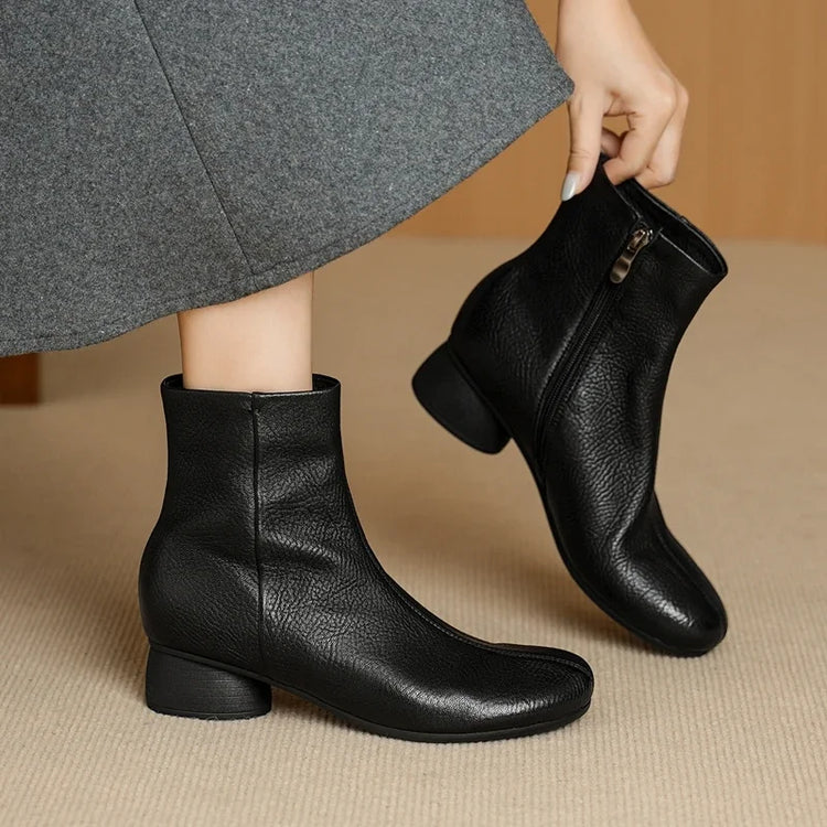 Women's Shoes Sheepskin Round Toe Side Zip 2027 Autumn Ankle Boots 4.5cm Thick Med Heel High Quality Soft Casual Short Booties