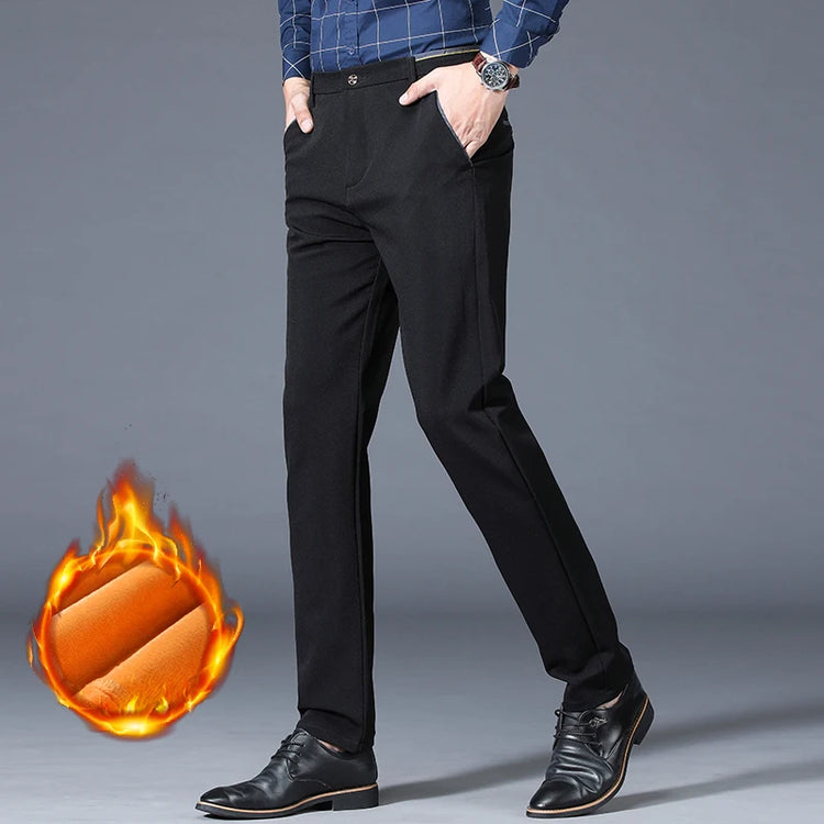 Winter Warm Mens Fleece Suit Pants Business Office Straight Formal Thicken Casual Pants Elastic Classic Velvet Thermal Trousers
