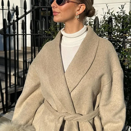Women Grey Fur Splicing Woolen Coat Casual Belt Full Sleeve Lapel Loose Cardigan Outwear 2025 Lady Winter New Highstreet Jacket