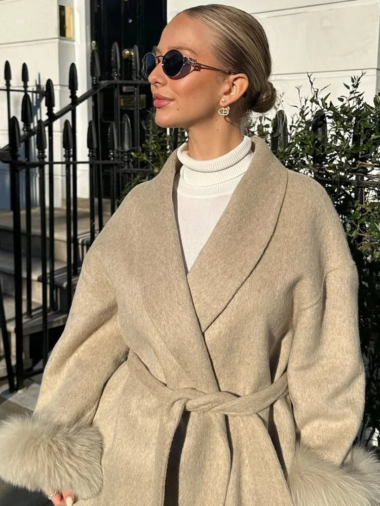 Women Grey Fur Splicing Woolen Coat Casual Belt Full Sleeve Lapel Loose Cardigan Outwear 2025 Lady Winter New Highstreet Jacket