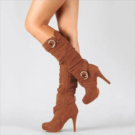 2023Sexy Knee High Women Boots Thin High Heel Round Toe Platform Fashion Ladies Pu Leather Boots Size 34-43 Lady Shoes PlatiNum