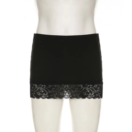 Halbkörperrock mit Sommersaum für Damen mit Spitzennaht und schwarzem, schmalen Halbkörperrock, sexy Disko-Hottie-Minirock-Kleid mit transparentem Unterrock