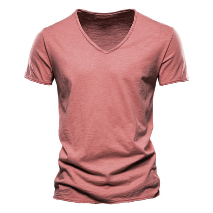 Men's 100% Cotton Branded Quality T-shirt V-Neck Fashion Design Slim Fit Solid Men's T-shirt Top Tees Short Sleeve T-shirt for Men