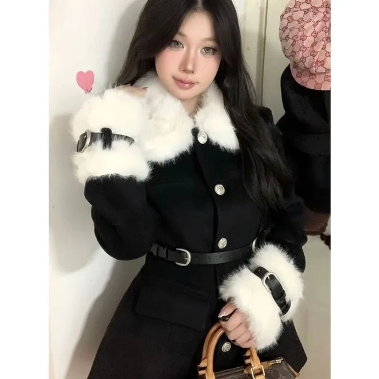 Women's Coats Advanced Sense Plush Spliced Turndown Collar Single Breasted Waist Retraction Skirt Style Woolen Coat Lady Clothes