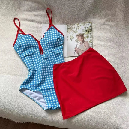 Costume da Bagno a Quadri con Design Snellente, Stile Conservativo, Schiena Scoperta, Gonna, Costume da Bagno Blu Fresco, Set Bikini, Abbigliamento da Resort platinumshop