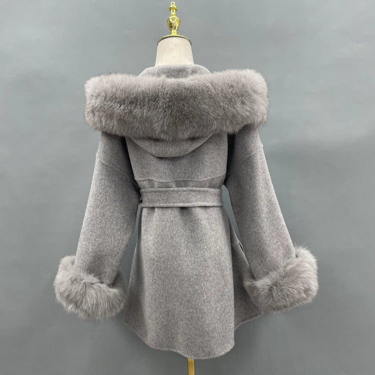 MISSJANEFUR Wool Coat with Real Fox Fur Collar Cuff Women Fashion Belted Cashmere Coats Warm Winter Hooded Trench Peacoat