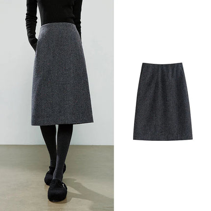 TOYOUTH Women Midi Skirts 2025 Winter NewAsymmetric Dark Gray Speckled Wool Blend Office Pencil Midi Skirt PlatiNum