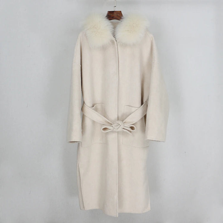 OFTBUY Omen Double Face Wool Coat Natural Fur Coat Wool Blend Jacket Winter Warm Elegant Long Sleeve Fur Cuffs Fashion Outerwear