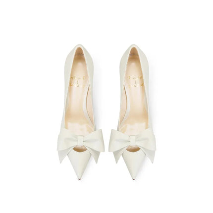 Eleganti scarpe con tacco a spillo a punta con fiocco beige da donna in vera pelle 2025 autunno