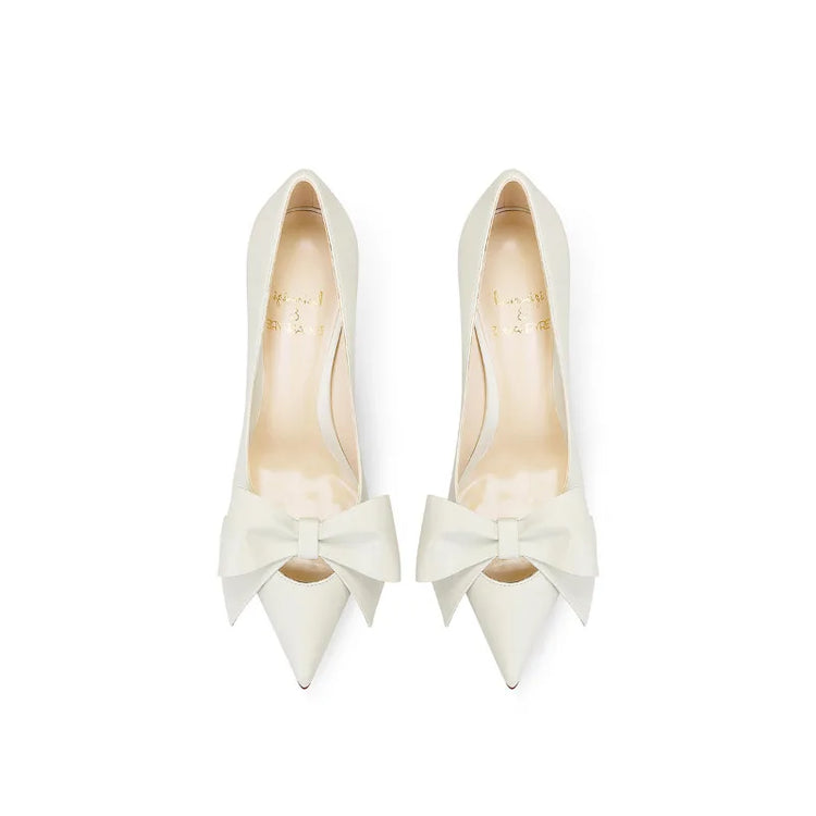 Eleganti scarpe con tacco a spillo a punta con fiocco beige da donna in vera pelle 2025 autunno