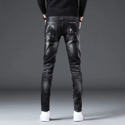 New Arrival Spring Autumn Denim Jeans for Men Slim Distressed Ripped Pants Paint Splatter Design Streetwear Luxury Slim Jeans PlatiNum