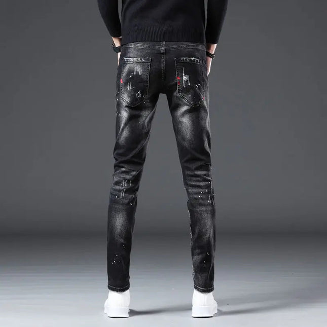 New Arrival Spring Autumn Denim Jeans for Men Slim Distressed Ripped Pants Paint Splatter Design Streetwear Luxury Slim Jeans PlatiNum