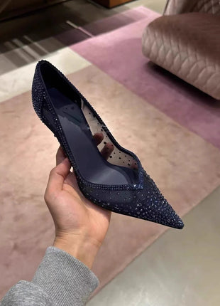 Scarpe col tacco alto a punta tempestate di diamanti in maglia blu con scarpe di cristallo con tacchi fini, nuove scarpe singole in pizzo scavato con tacco sottile platinumshop