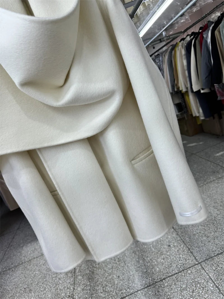 Newest Luxury Coffee Scarf Collar Wool Coat Women Loose Elegant Ladies Autumn Winter Jacket Causal Handmade Women's Jacket2025
