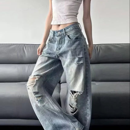 2025 Jeans blu da donna strappati a vita alta estivi American Vintage Streetwear Y2K Pantaloni a gamba larga Jean anni 2000 Pantaloni larghi in denim