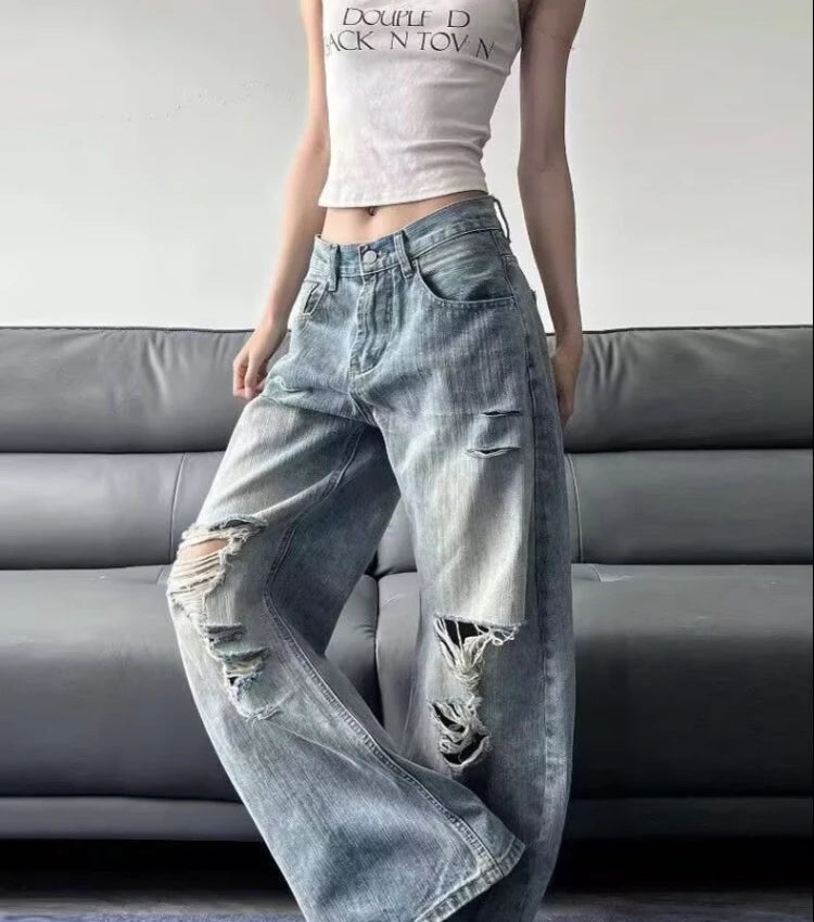 2025 Jeans blu da donna strappati a vita alta estivi American Vintage Streetwear Y2K Pantaloni a gam