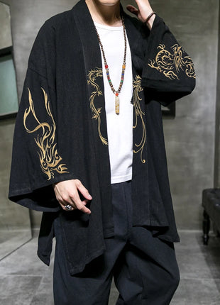 Trench da uomo ricamato in cotone Hanfu Lino Abito stile cinese Giacca cardigan Casual Kimono oversize 5XL Cappotto antico maschile